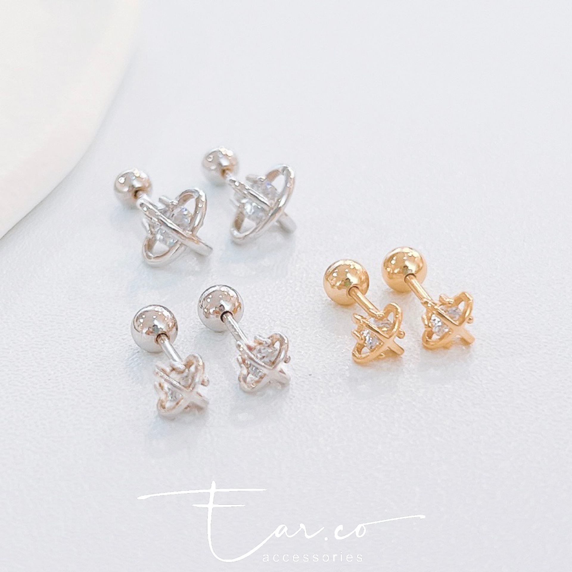 立體交叉星球閃石純銀耳珠/耳骨釘 [一對] #P047