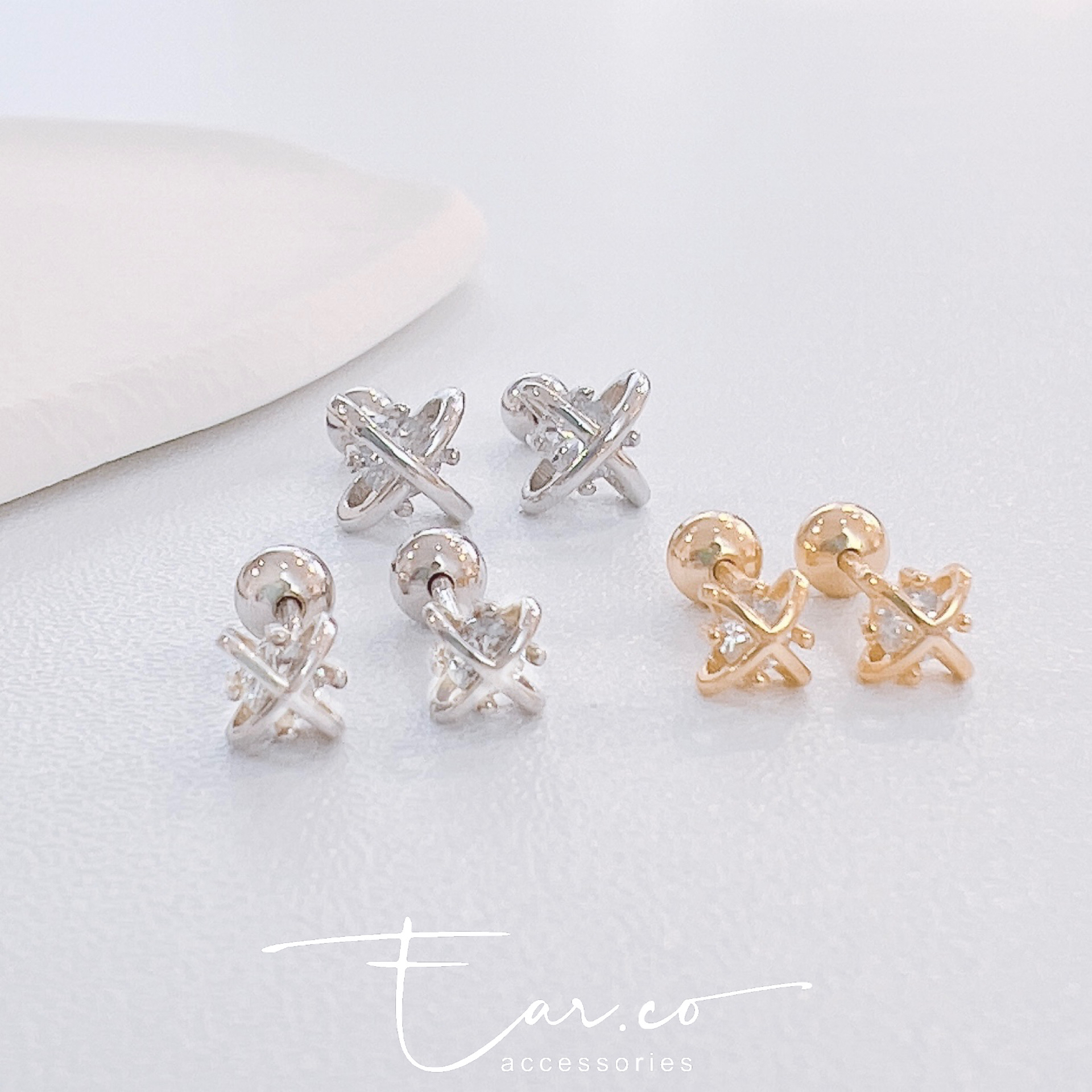 立體交叉星球閃石純銀耳珠/耳骨釘 [一對] #P047