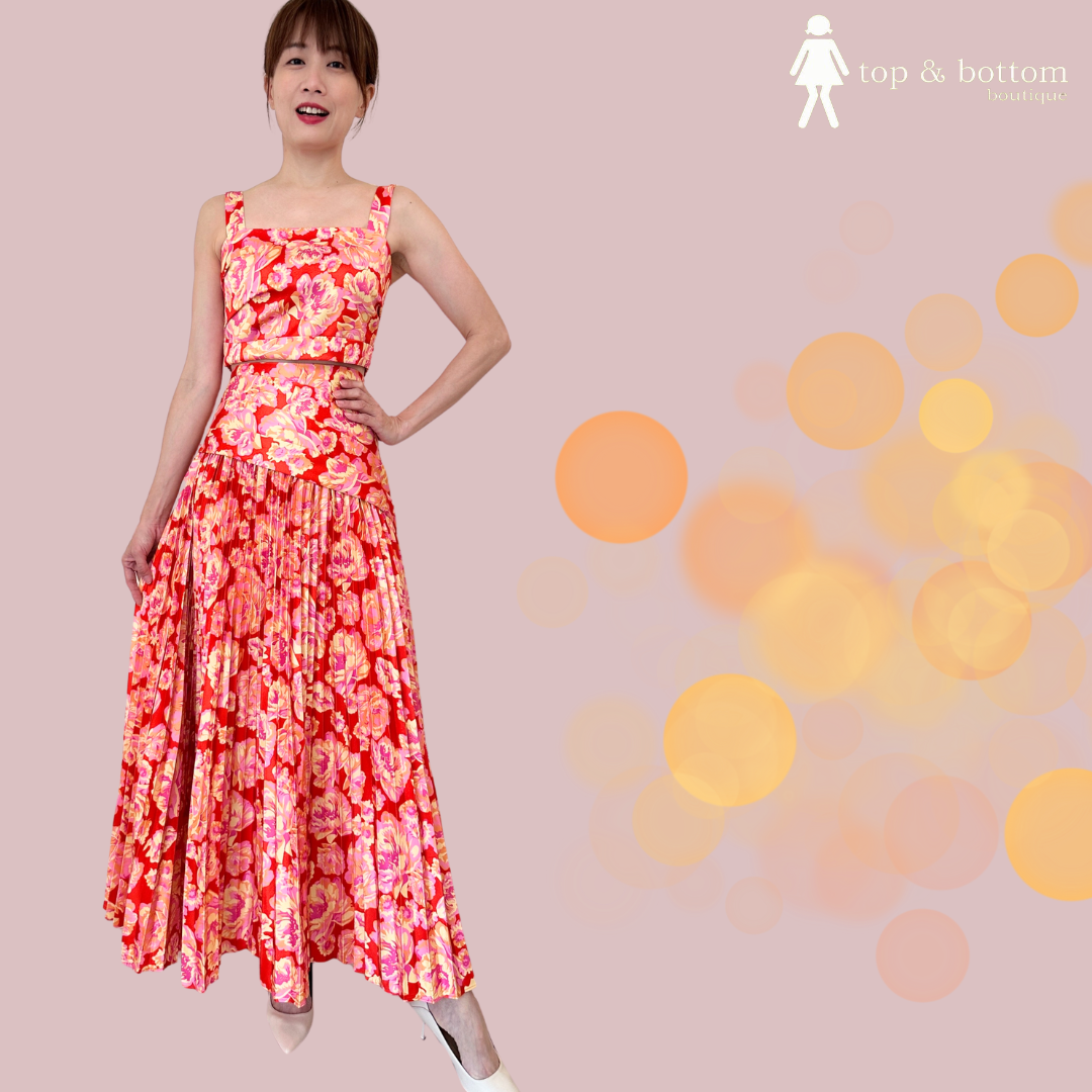 SOLID SATIN FLORAL PLEATED LONG SKIRT