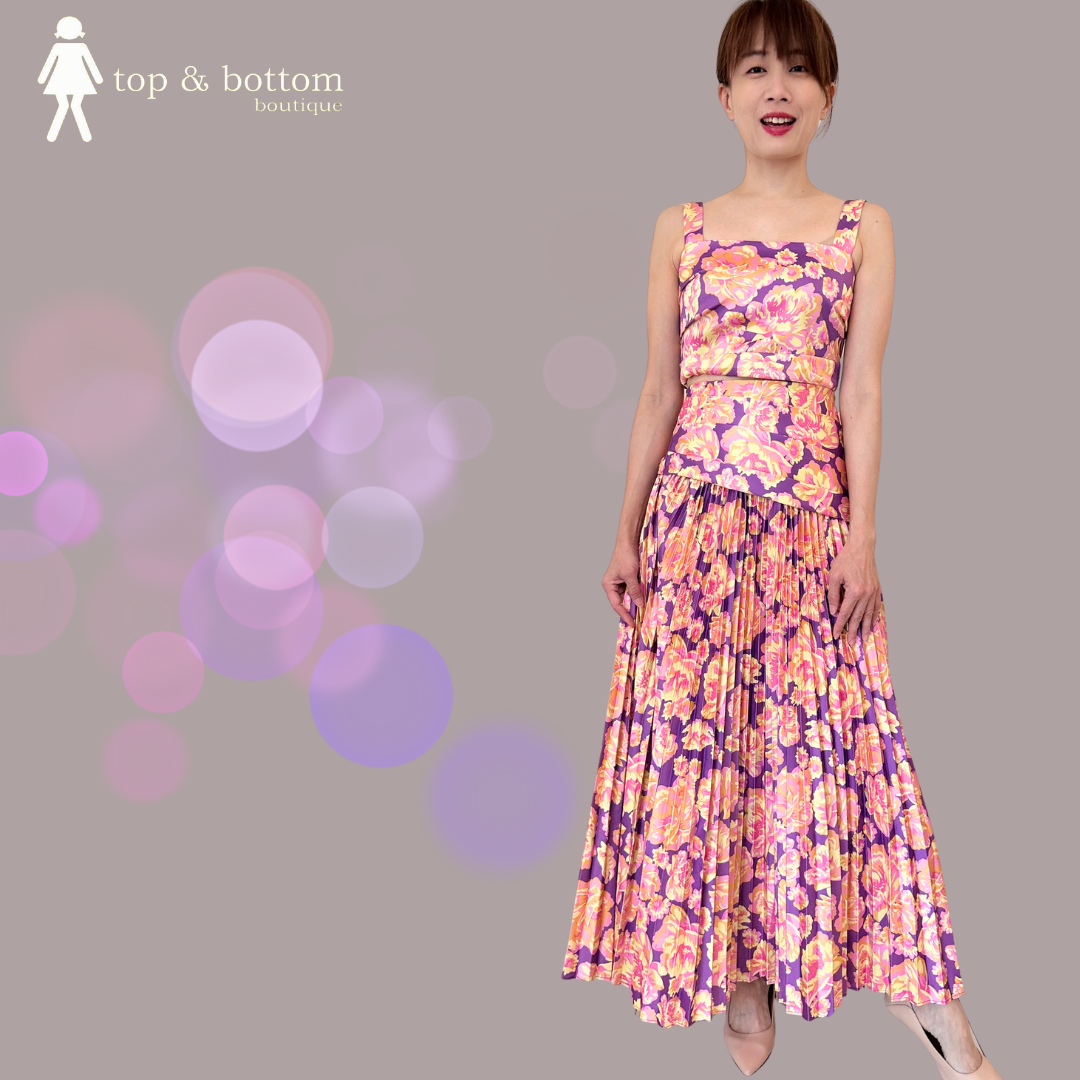 SOLID SATIN FLORAL PLEATED LONG SKIRT