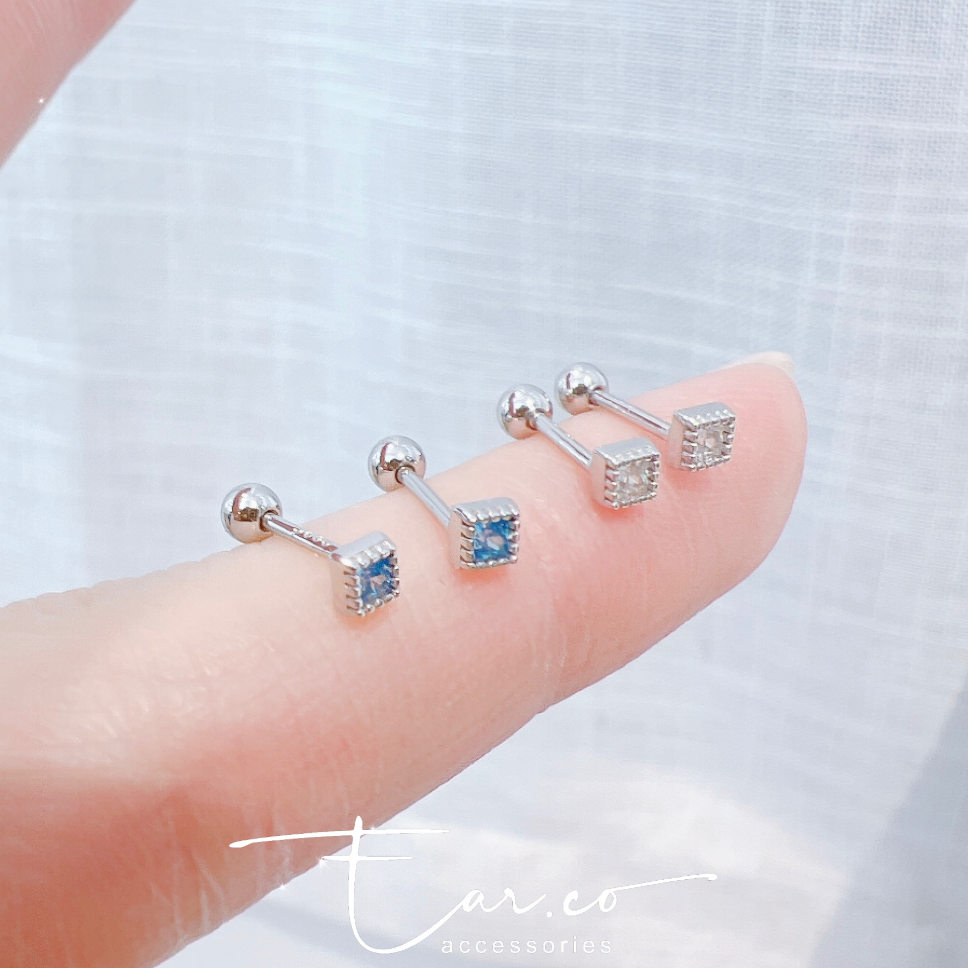 迷你小方鑽純銀耳珠/耳骨釘 [一對] #P046