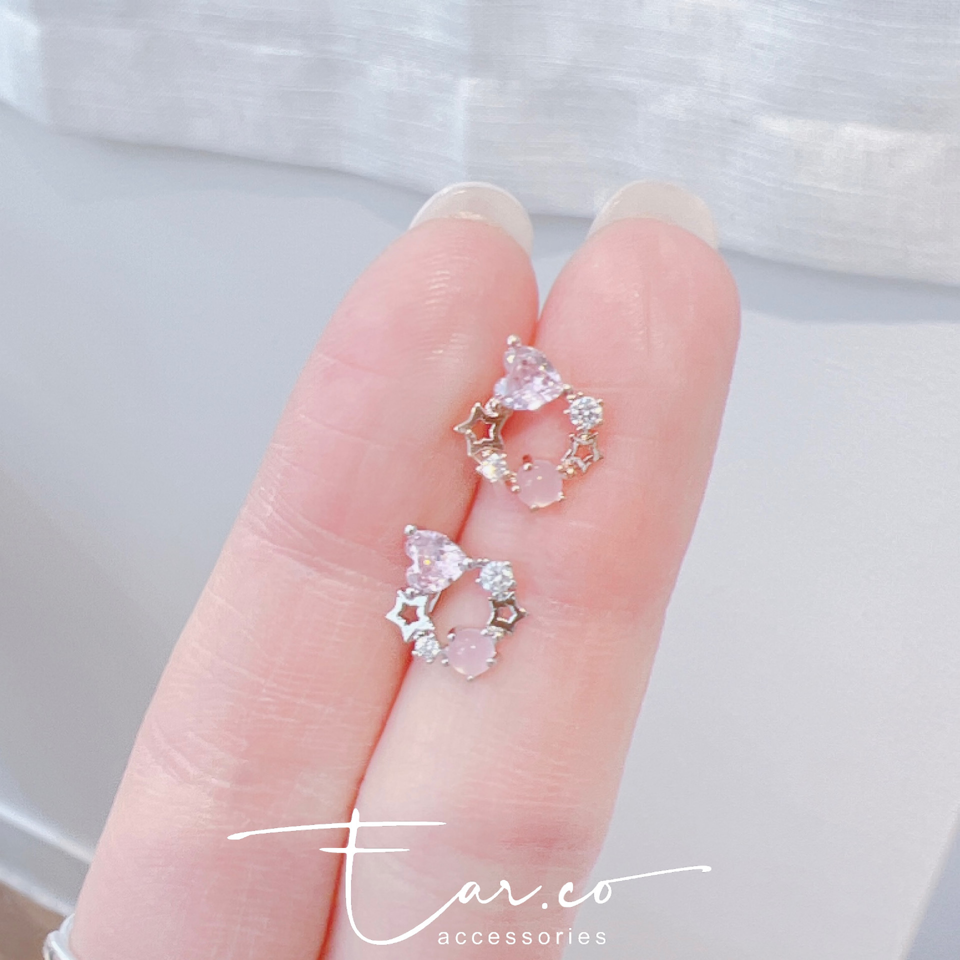 粉色愛心蛋白石星星圈耳珠/耳骨釘 [單支]