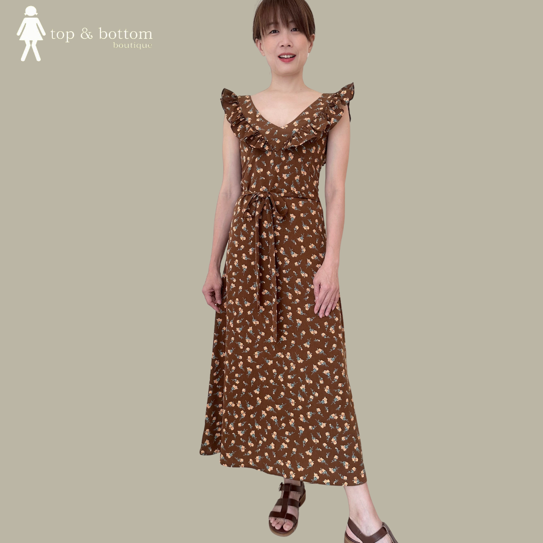 FRILLS V STRAP CHIFFON FLORAL MIDI DRESS