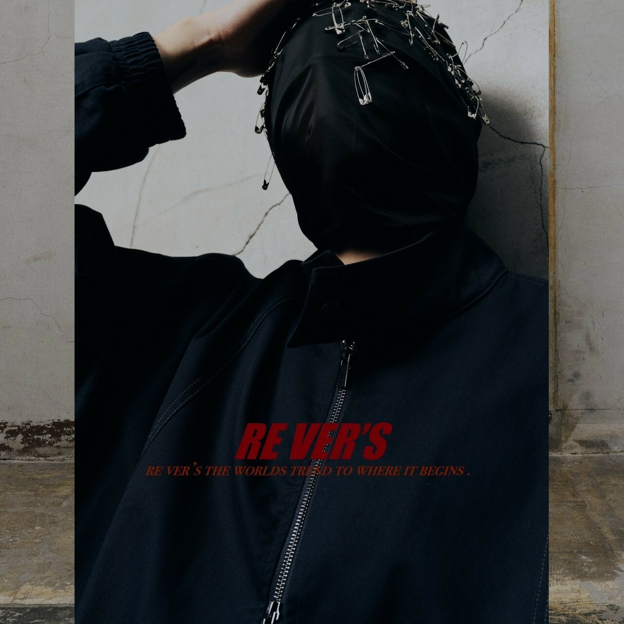 RE VER'S 刺繡Logo 弧形剪裁雙拉鍊夾克 /深藍 ARC TYPE JACKET