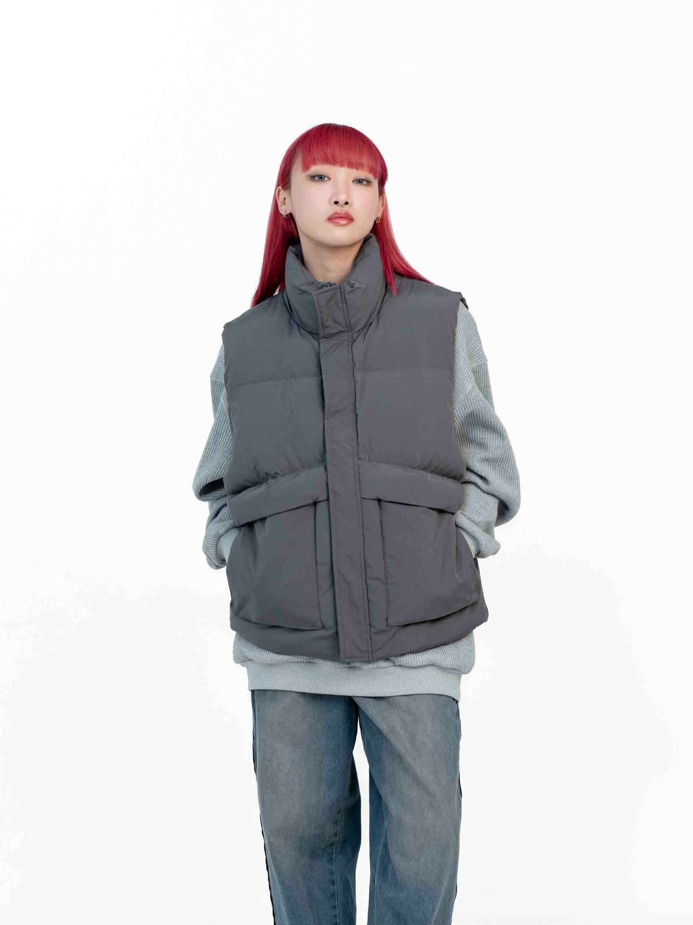 韓國 Unisex 寬鬆 抽繩 大口袋 羽絨 背心