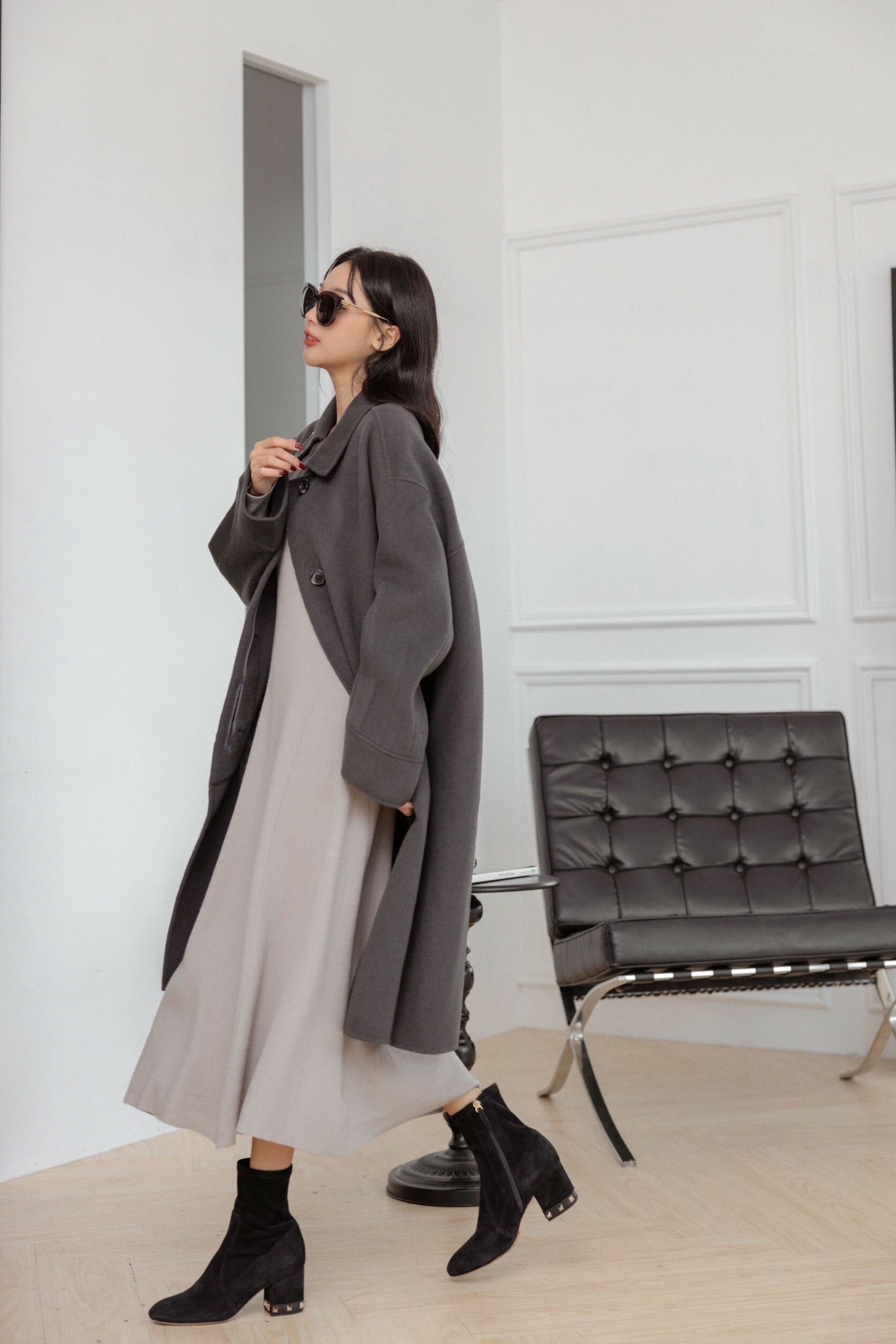 100%羊毛雙面絨炭灰斗篷風大衣