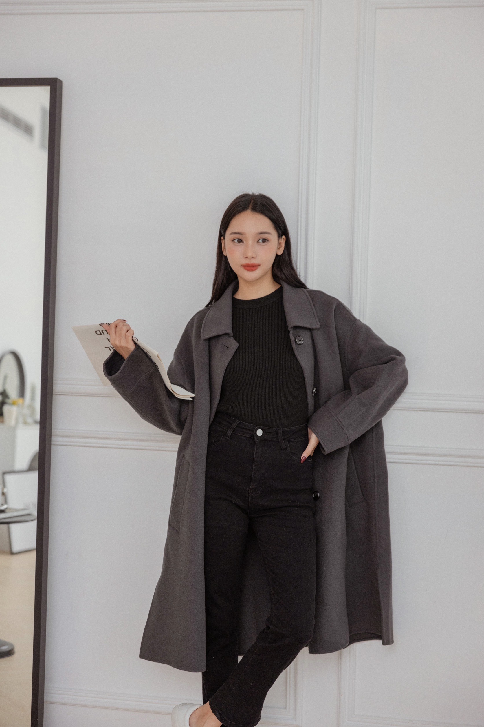 100%羊毛雙面絨炭灰斗篷風大衣