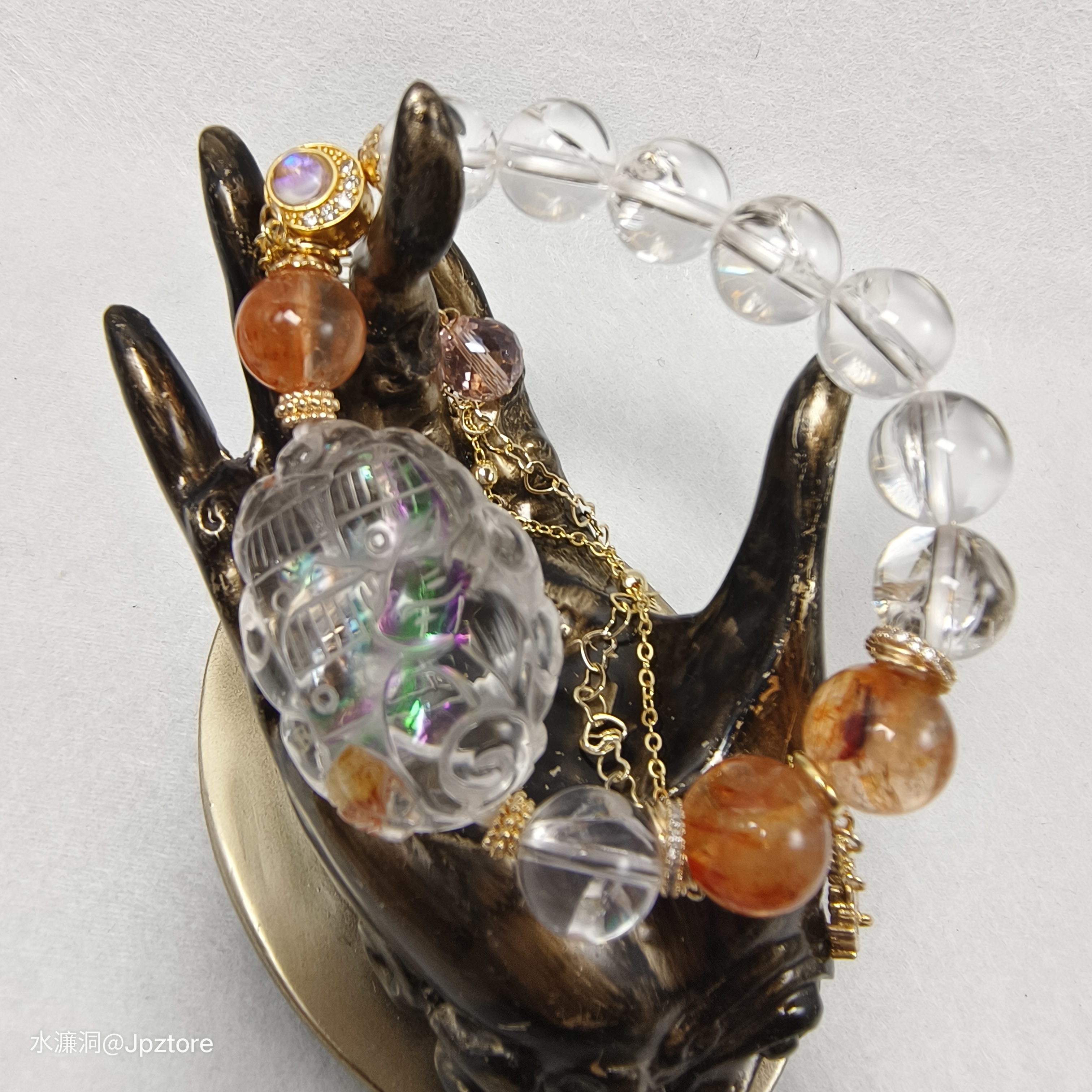 膠花阿賽配膠花白水晶手串