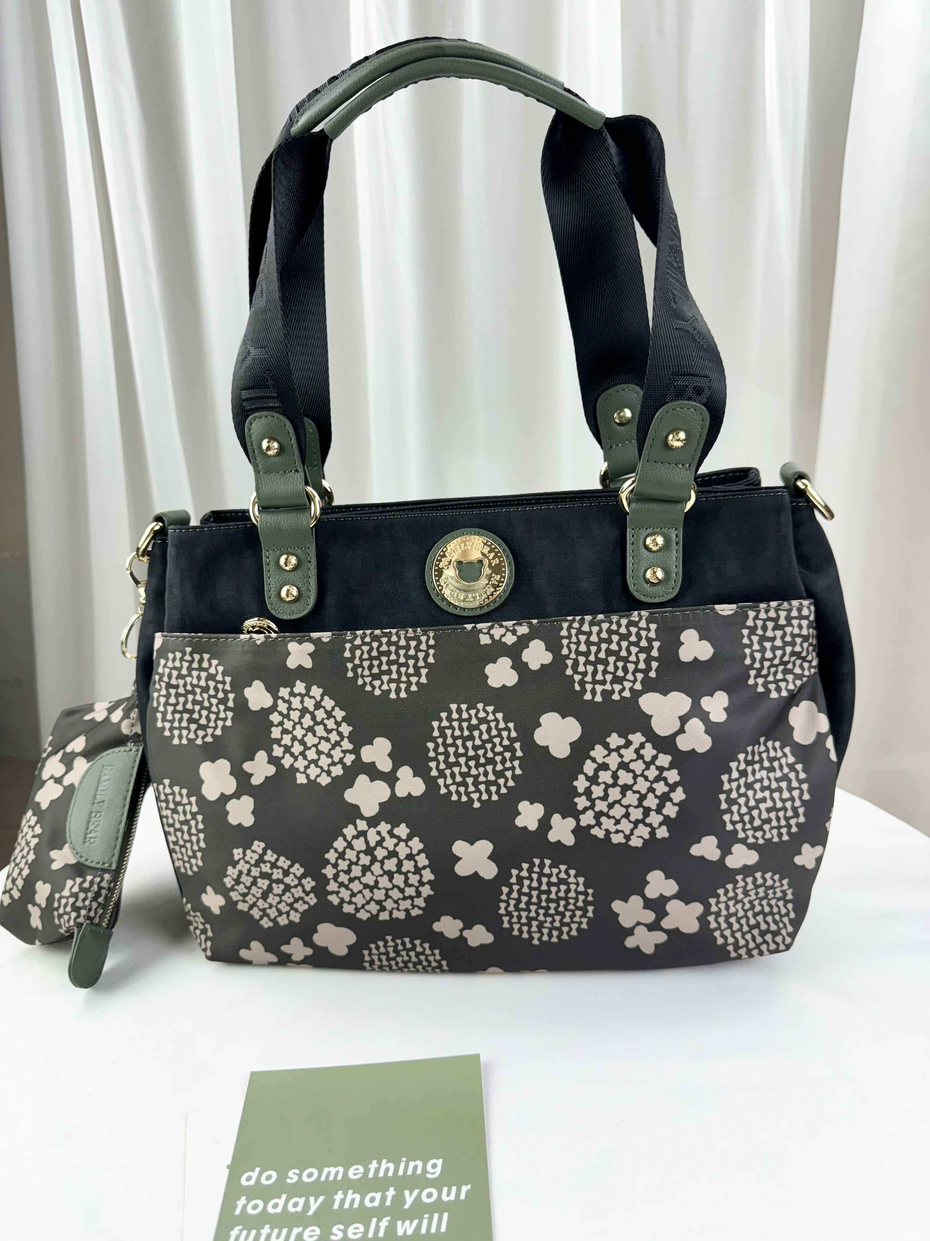 FamilyBear墨綠圖騰防潑水手提包 / 側背包 附零錢包 #2783