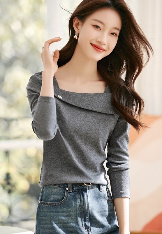 造型方領針織上衣 灰色