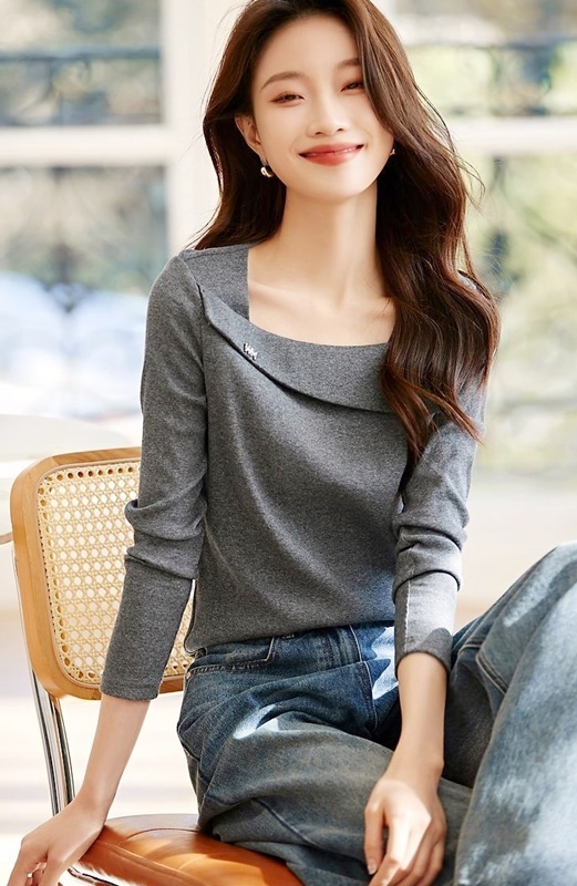 造型方領針織上衣 灰色