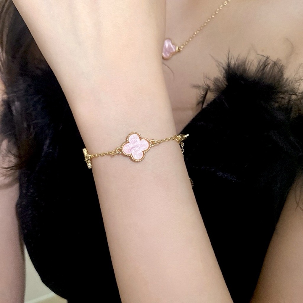 18k baby粉白貝金鑽四葉草 低奢手鍊/項鍊