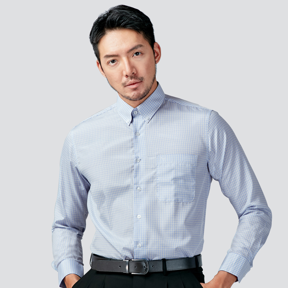 商務長袖襯衫-藍綠格