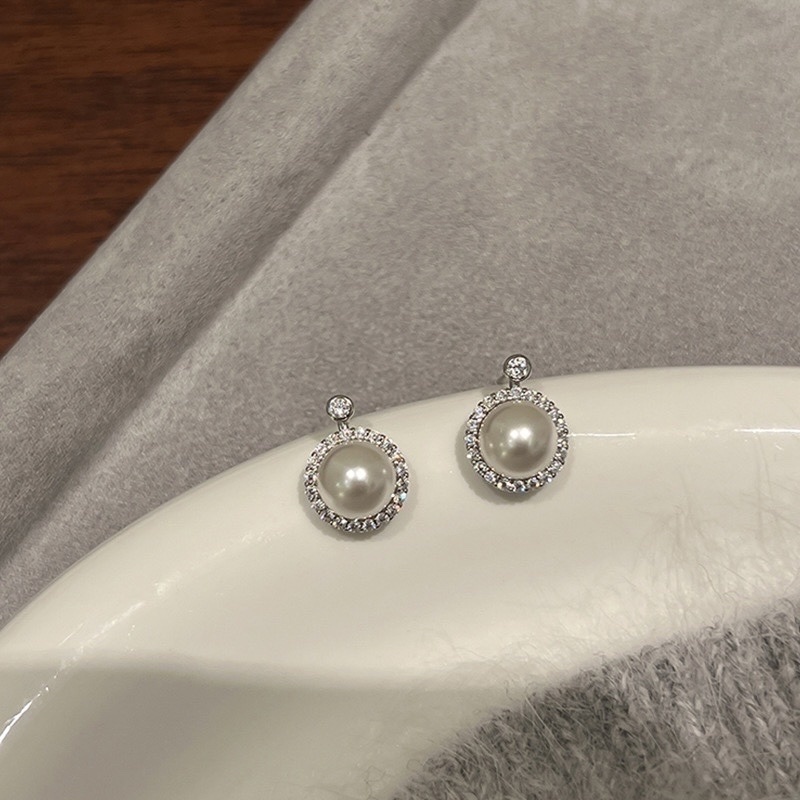 18k白銀珍珠鑽高級小墜耳釘