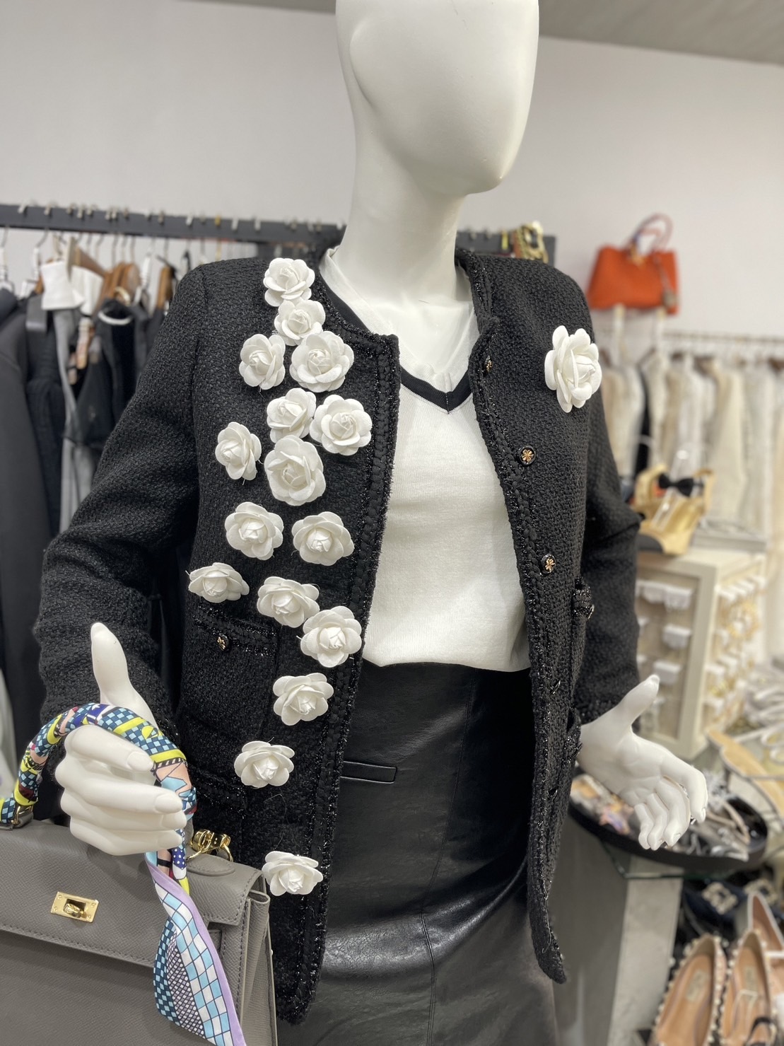 立體山茶花 毛尼長版外套