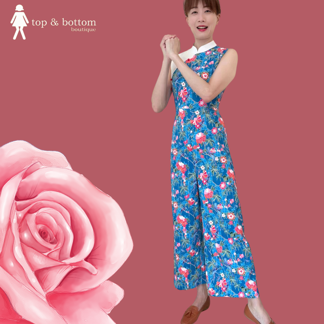 SOLID FLORAL PRINTED CHEONGSAM LONG JUMPSUIT