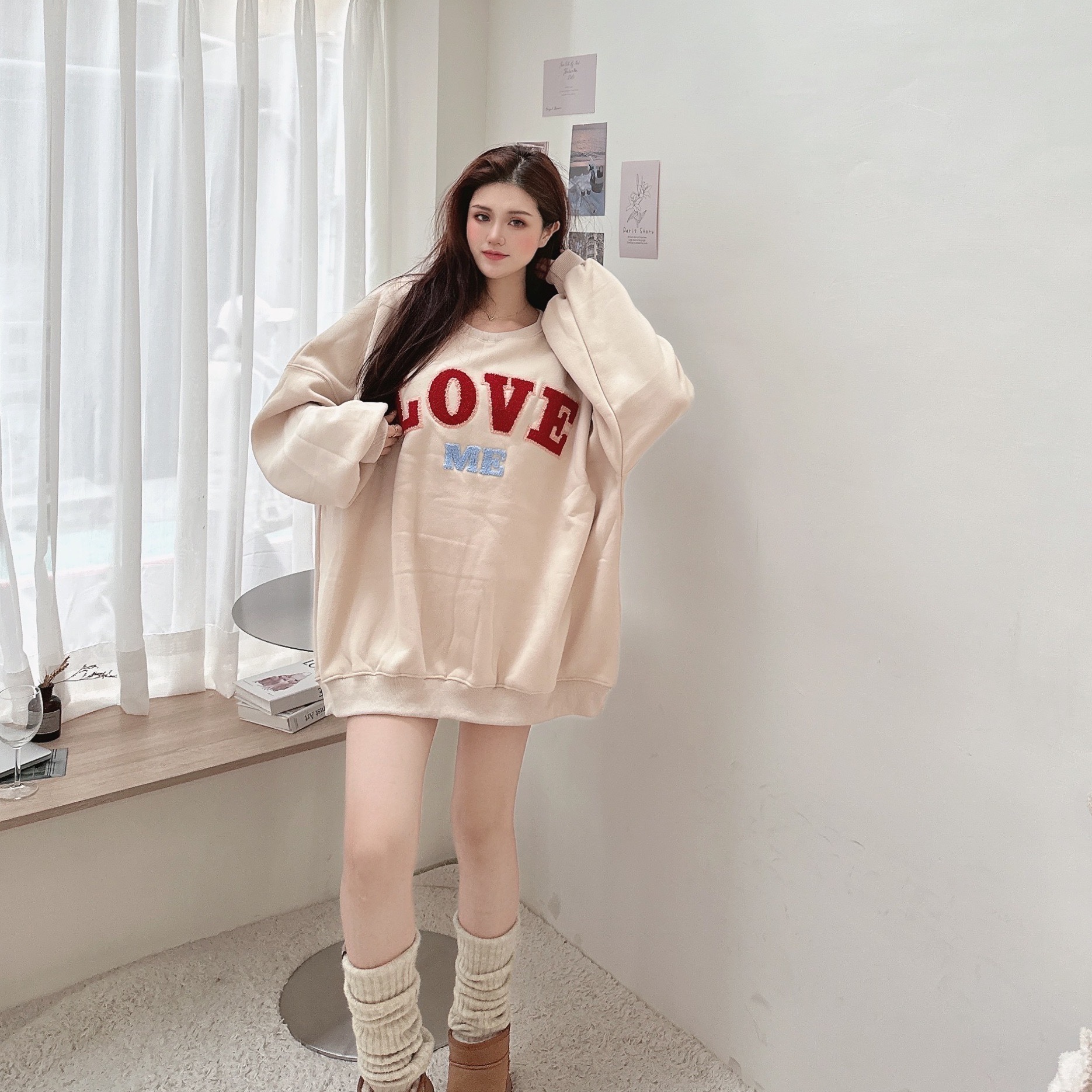 LOVE刺繡刷毛寬鬆大學T/二色