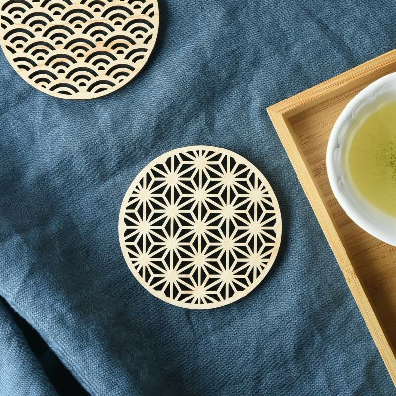 日本檜木傳統圖案杯墊(麻の葉) (日本製)