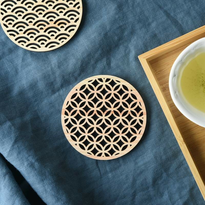 日本檜木傳統圖案杯墊(七宝) (日本製)