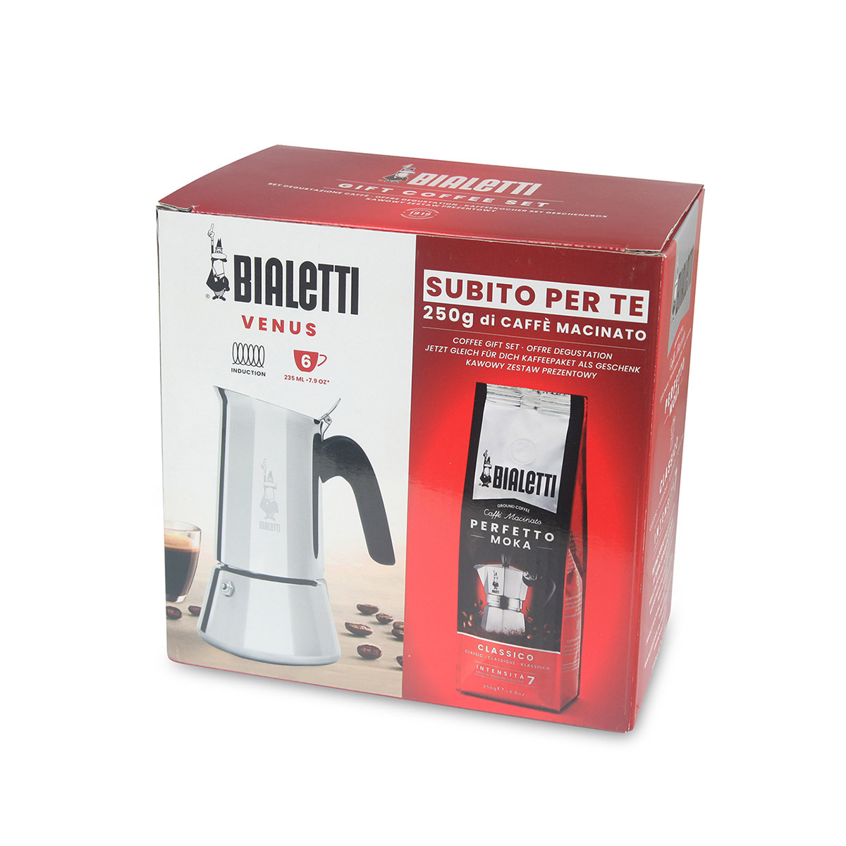 意大利 BIALETTI 6杯裝不銹鋼電磁爐摩卡壺+250G榛子乾果咖啡粉套裝 -0003541
