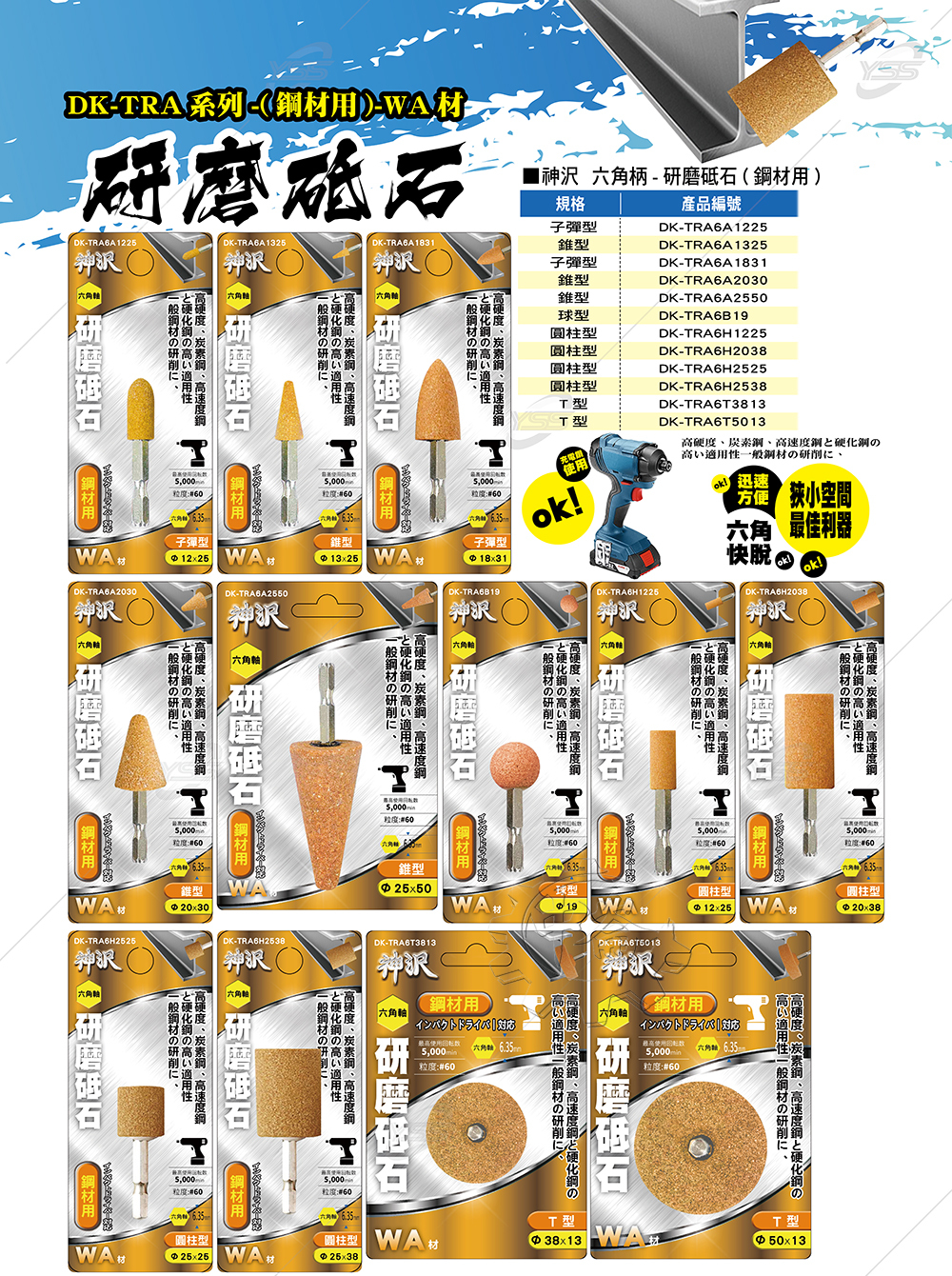 ＊中崙五金【附發票】神沢 鋼材用六角柄研磨砥石 子彈型DK-TRA6A1225 / DK-TRA6A1831 帶柄研磨棒