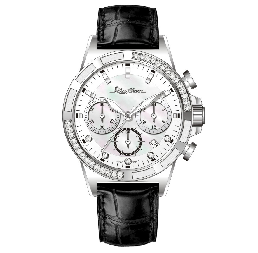 【Rhythm 麗聲】FE1621L 簡約 三眼 六針 水晶鑲嵌 皮革 手錶-