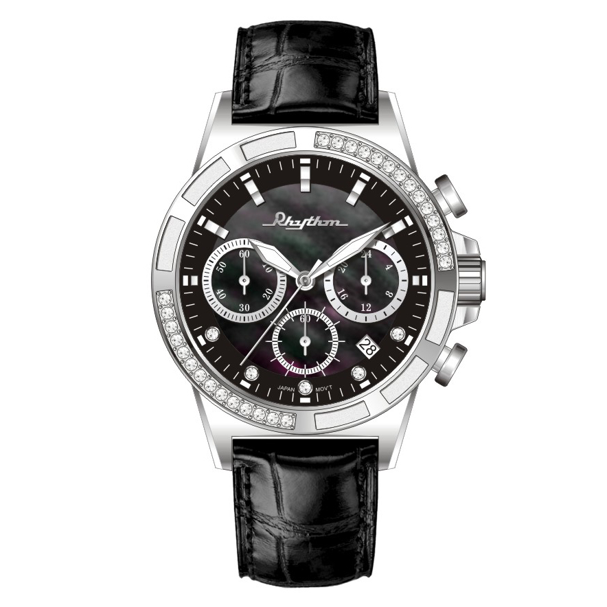 【Rhythm 麗聲】FE1621L 簡約 三眼 六針 水晶鑲嵌 皮革 手錶-