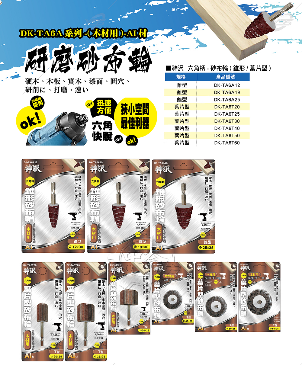 ＊中崙五金【附發票】神沢 木材用六角柄研磨砂布輪 葉片型 T型DK-TA6T20/T25/T30/T40/T50/T60