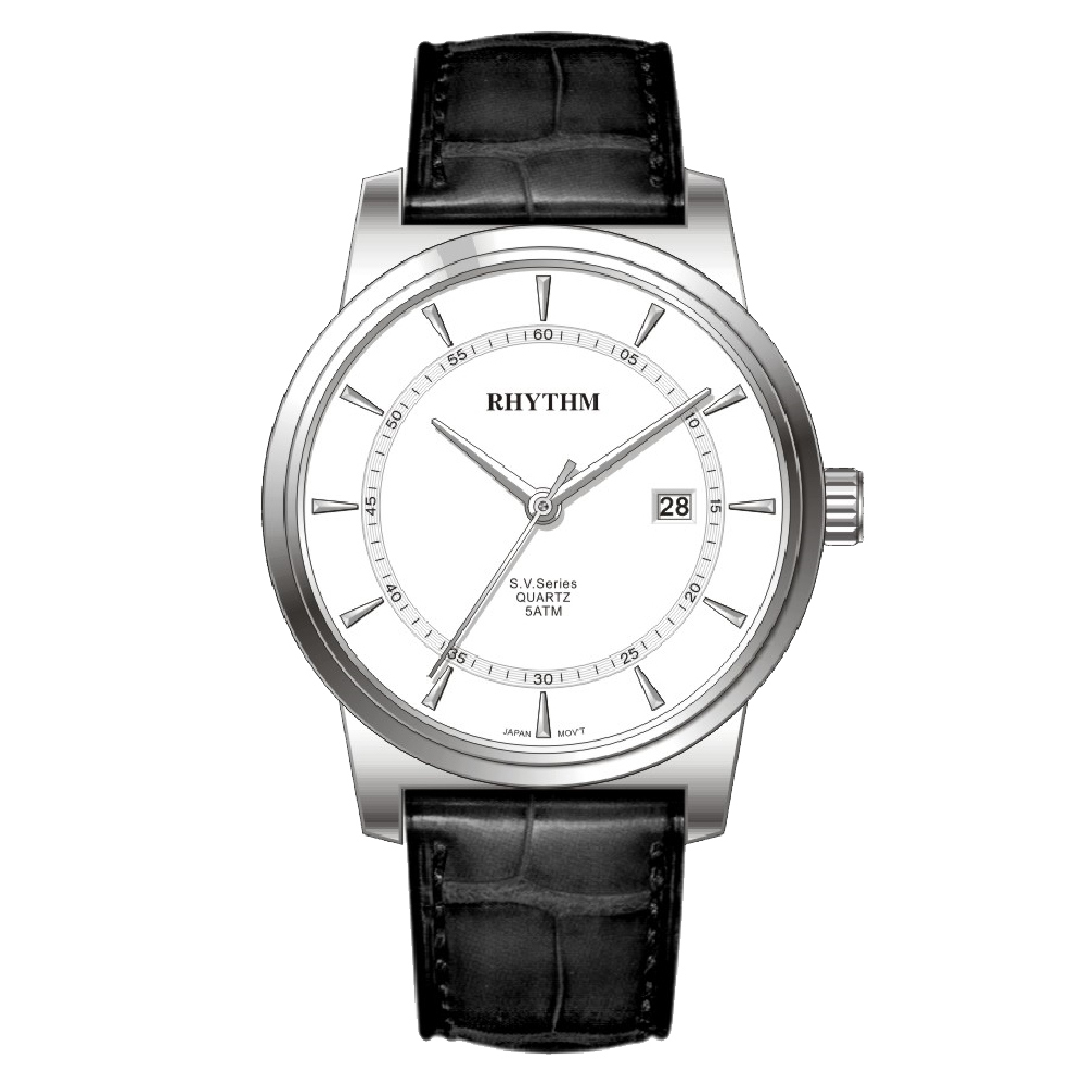 【Rhythm 麗聲】簡約三針皮革手錶帶日期-GS1601L-