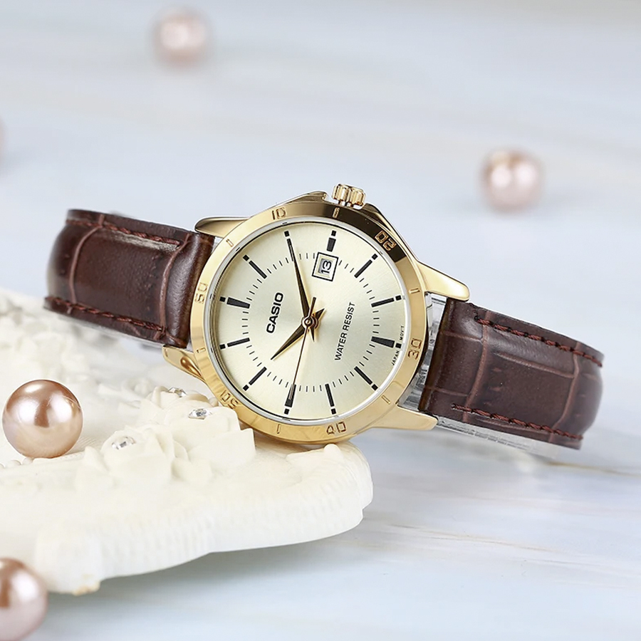 Casio LTP-V004GL-9A 30mm 啡金 日期 女裝皮帶錶 復古錶