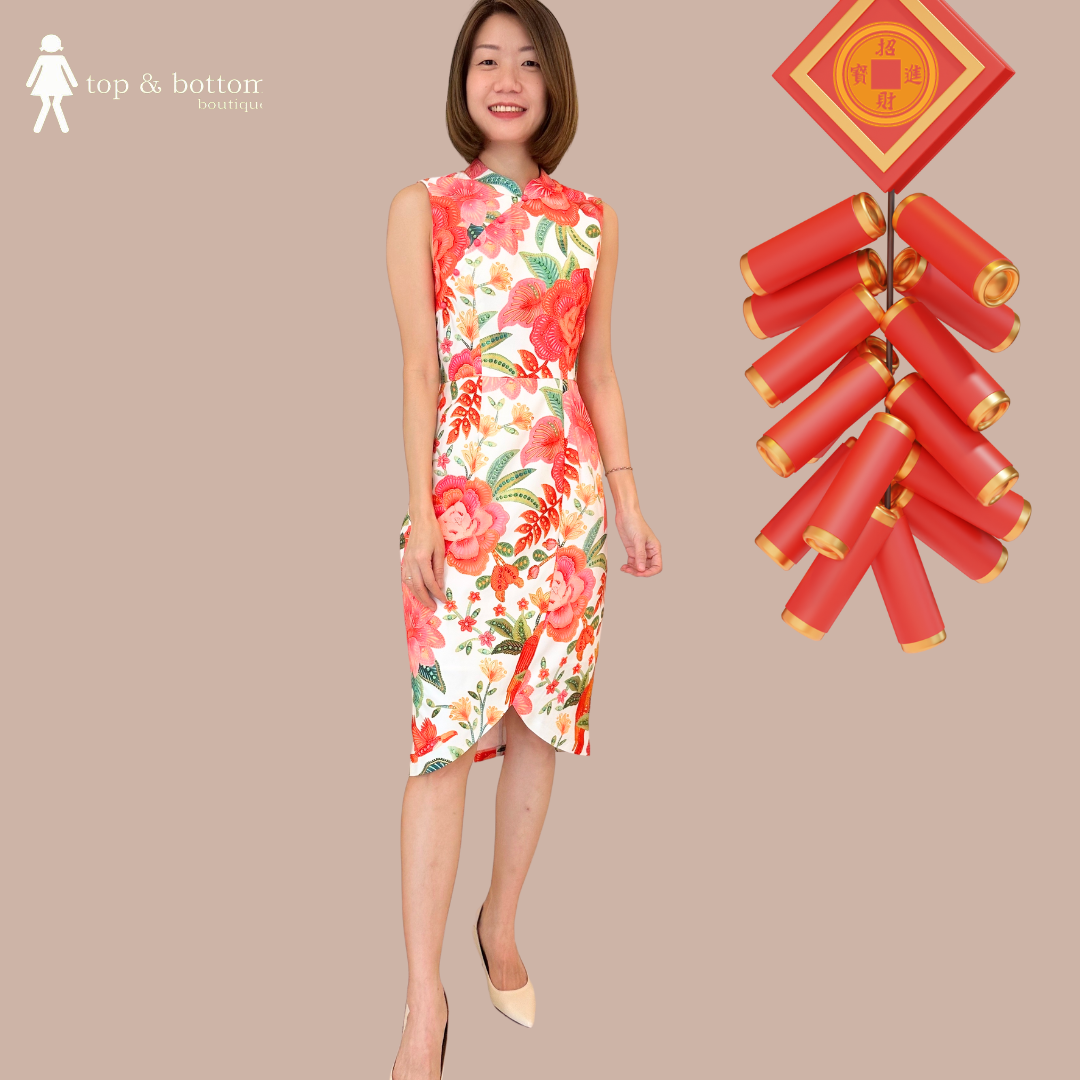SOLID FLORAL PENCIL CHEONGSAM DRESS