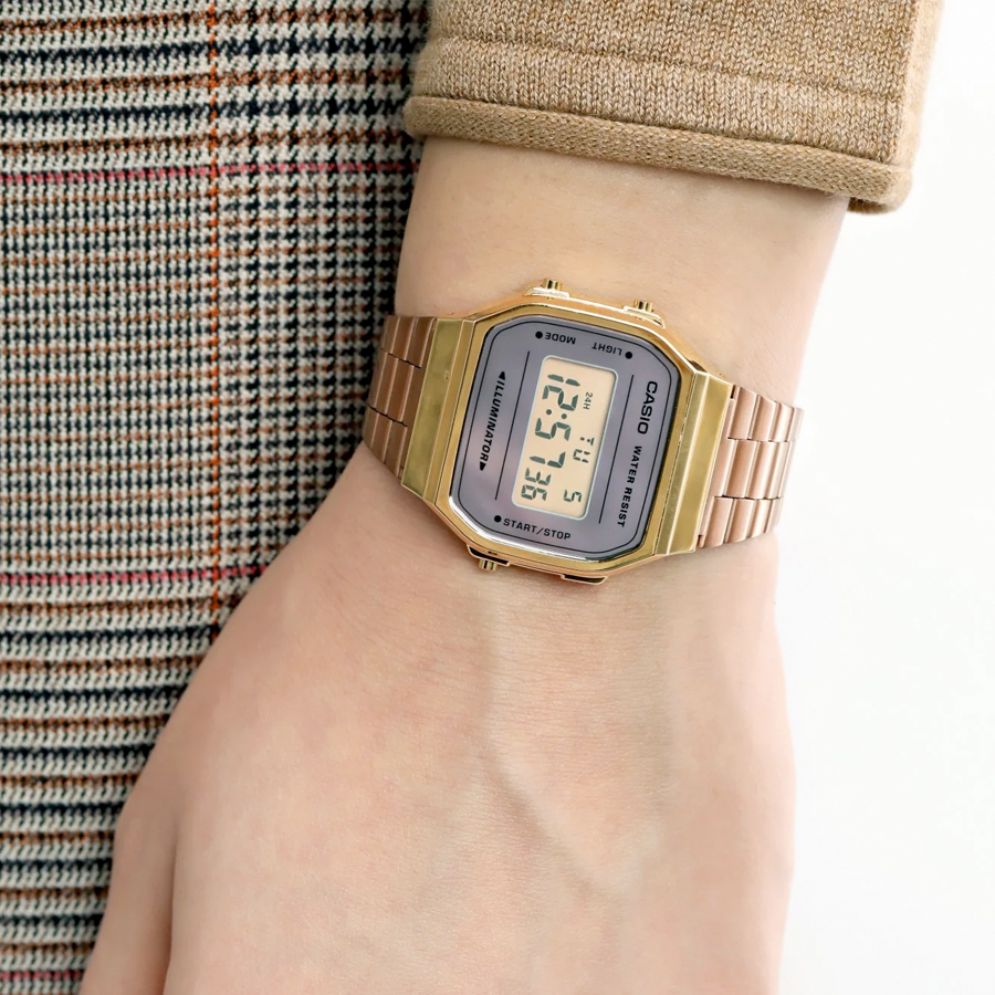 Casio A168WECM-5 玫瑰金x金 灰鏡面 方形復古跳字錶