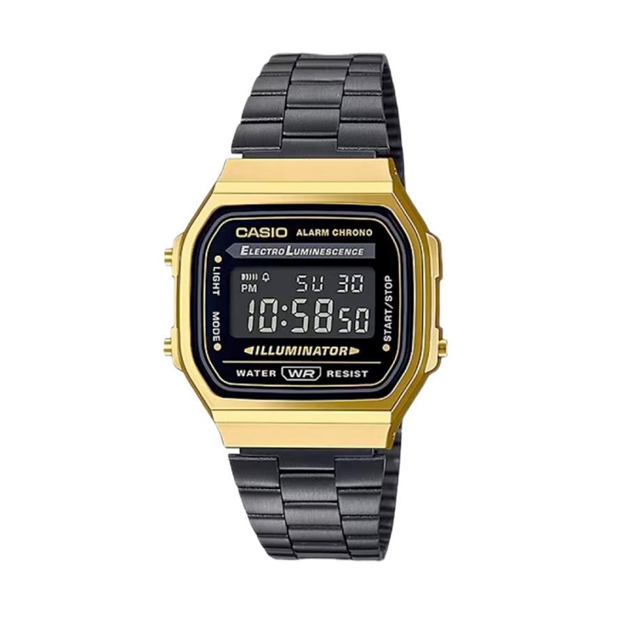 Casio A168WEGB-1B  黑金色方形復古跳字錶