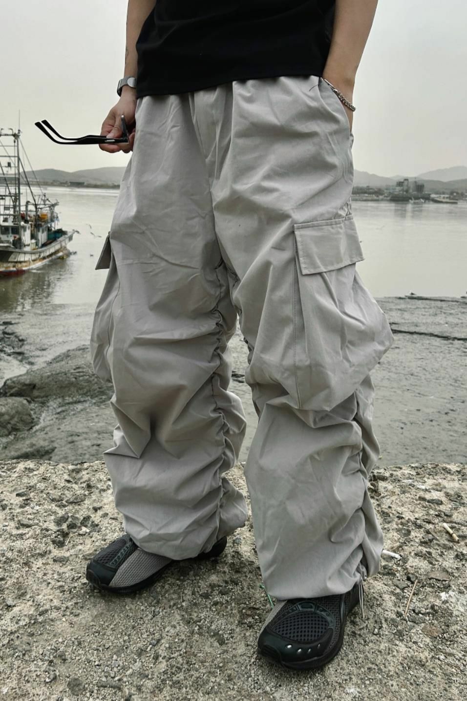 皺邊可束腳工裝鬆身褲 P2513