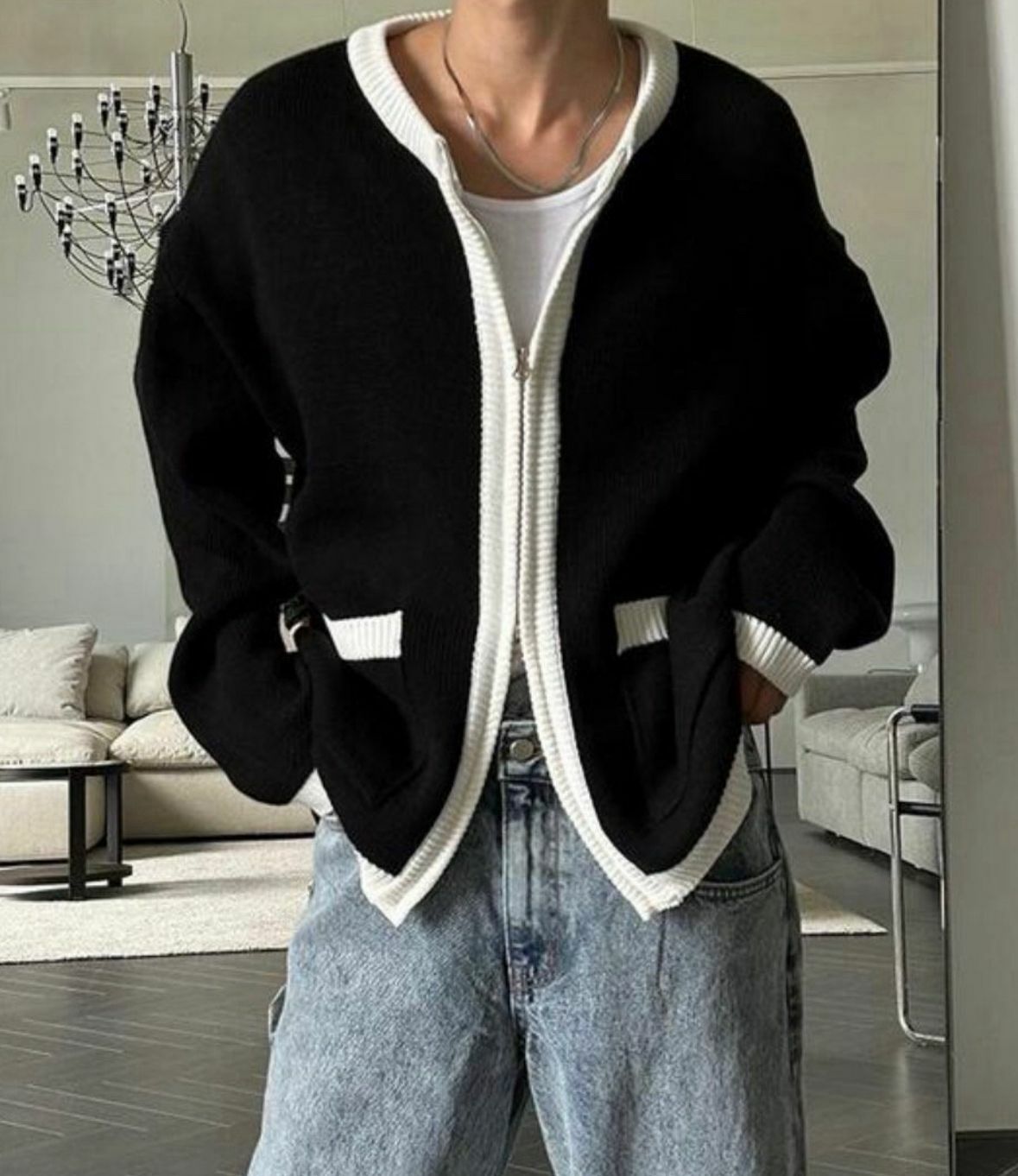 圓領拼色拉鍊針織外套 WEEKEND-019JK