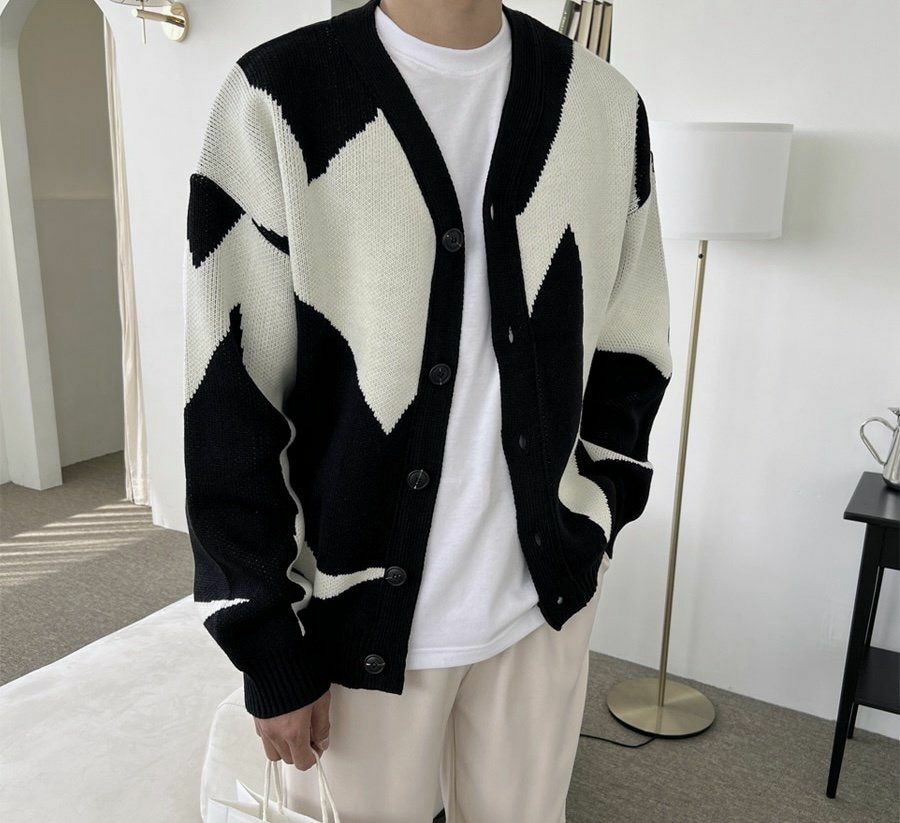 拼色不規則圖案開胸針織外套 BLUE BUCKET-003JK