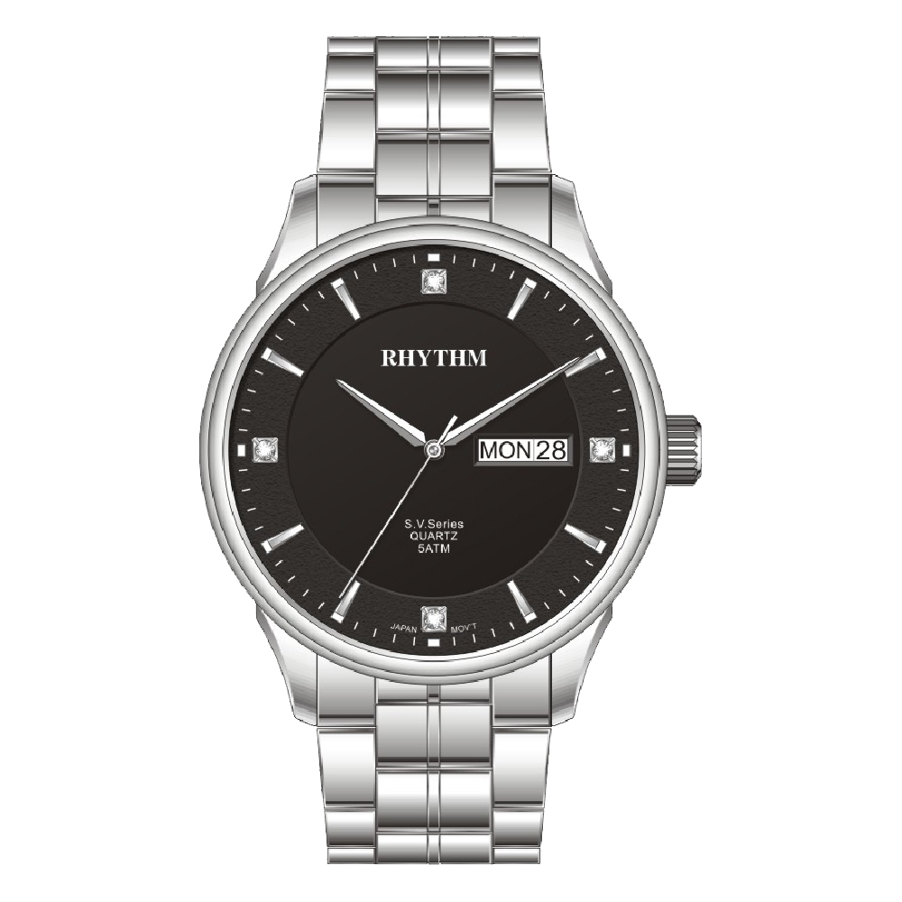 【Rhythm 麗聲】簡約三針帶星期日期不鏽鋼手錶-GS1603S-