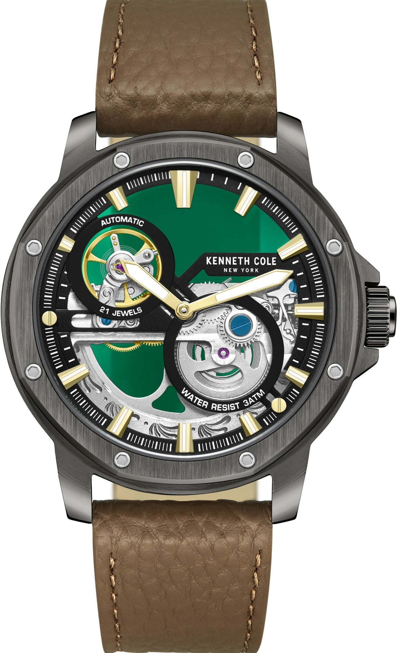 萬年鐘錶 - KENNETH COLE  美國紐約品牌  透視機芯機械皮革男錶  KCWGE0033701 錶徑44MM