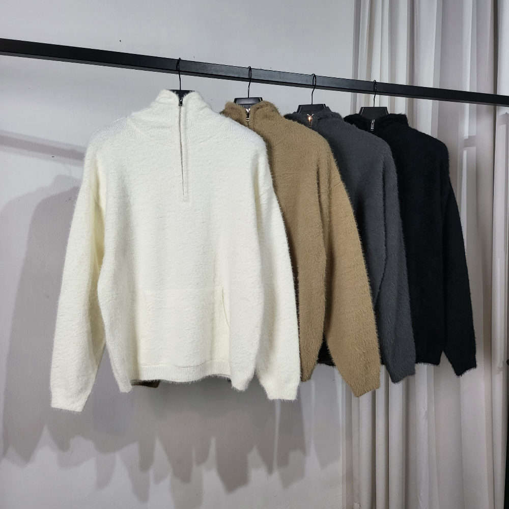 半拉鍊馬海毛連帽針織衫上衣