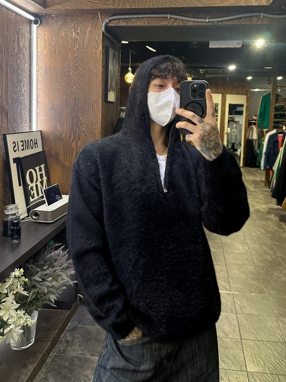 半拉鍊馬海毛連帽針織衫上衣