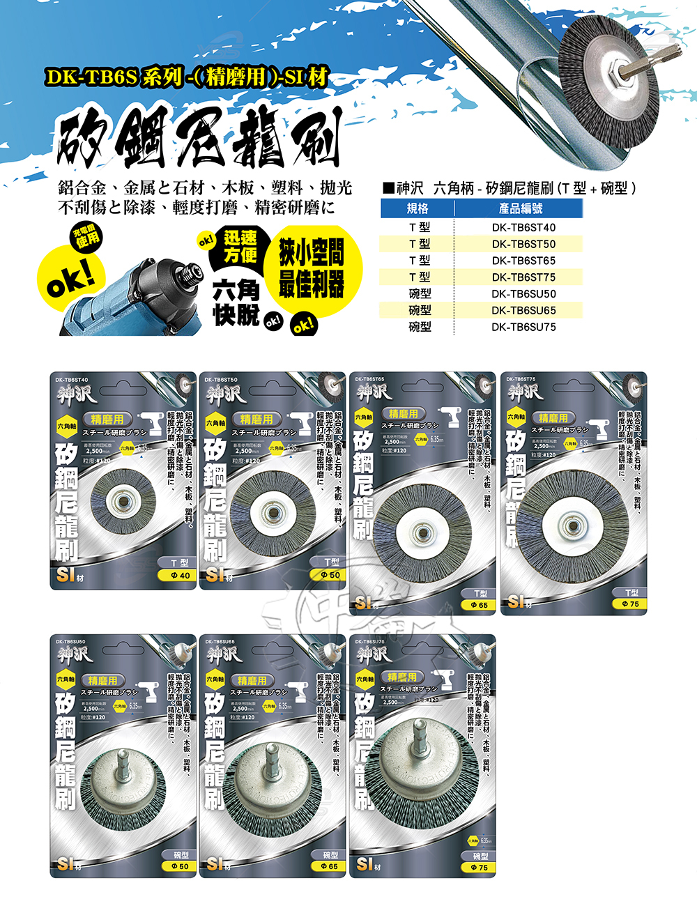 ＊中崙五金【附發票】神沢 精磨用六角柄矽鋼尼龍刷T型DK-TB6ST40/TB6ST50/TB6ST65/TB6ST75