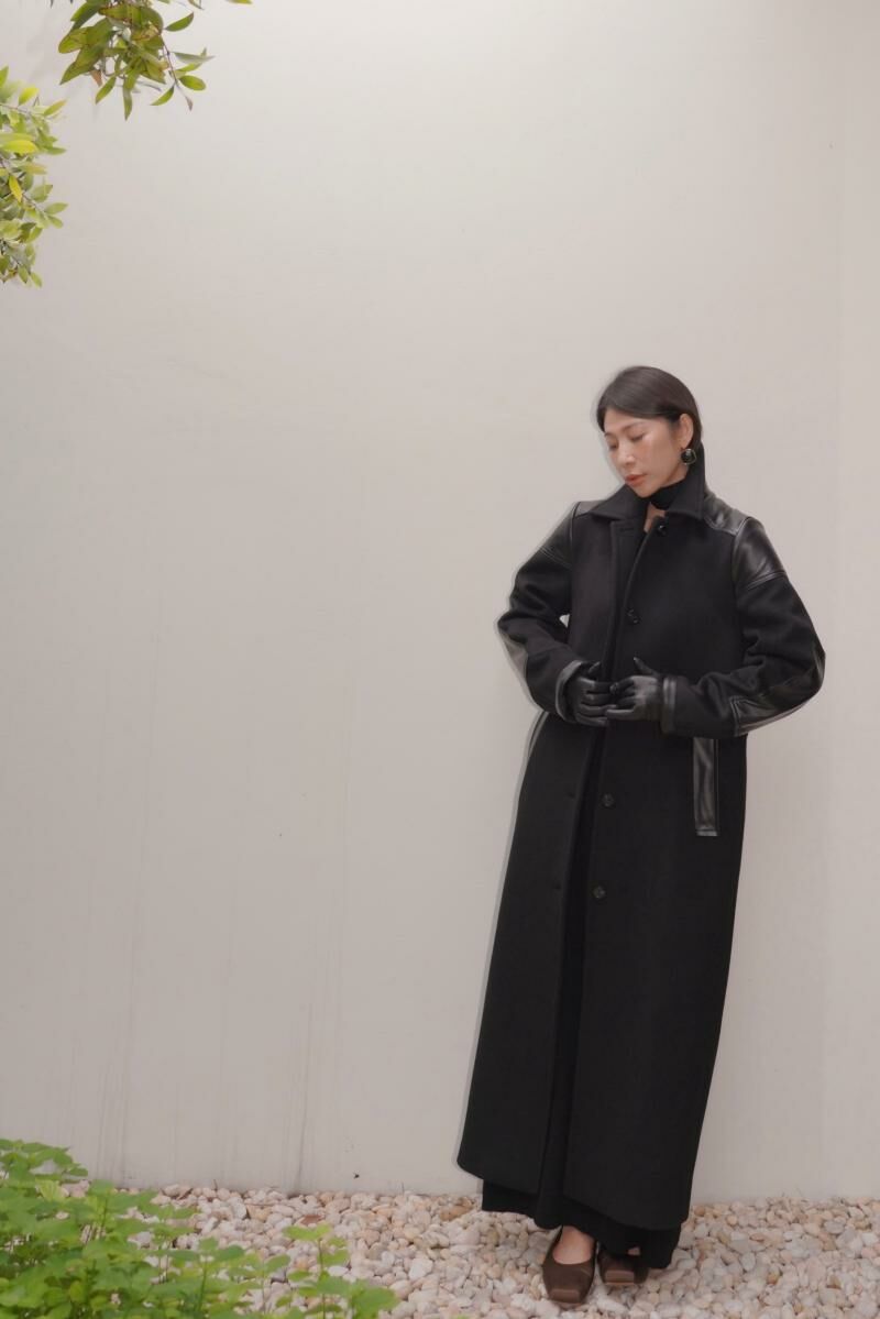 HANAA秋冬新款黑色輕奢簡約羊皮拼接羊毛中長款立領大衣毛呢外套