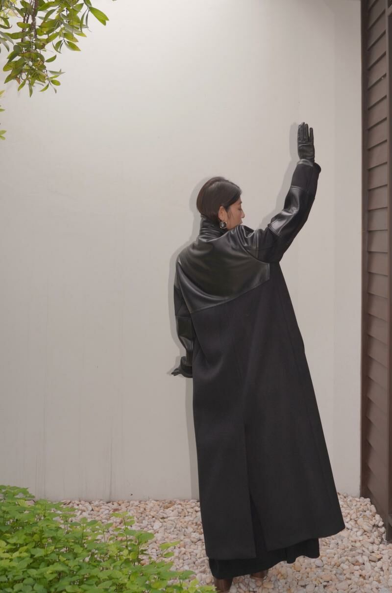 HANAA秋冬新款黑色輕奢簡約羊皮拼接羊毛中長款立領大衣毛呢外套