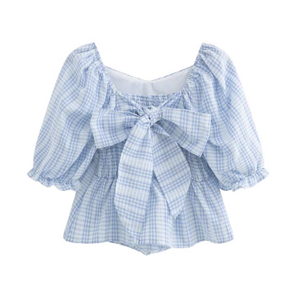 Bow square neck plaid top