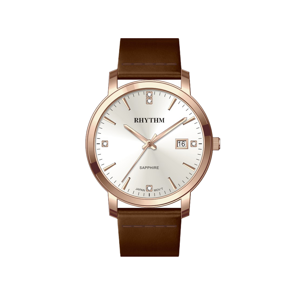 【Rhythm 麗聲】都市風格簡約帶日期皮革手錶-PE1603-