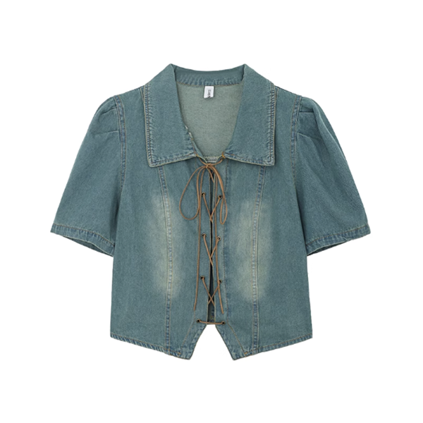 Lace-up denim short-sleeved shirt