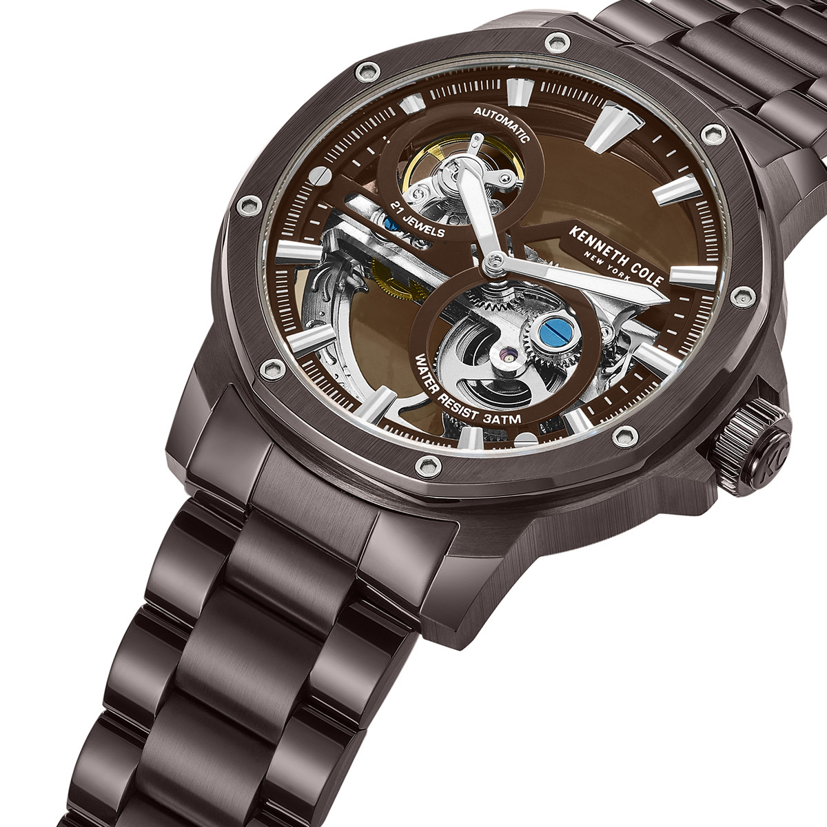 萬年鐘錶 - KENNETH COLE  美國紐約品牌  透視機芯機械咖啡香檳色不鏽鋼款男錶 KCWGL0033704 錶徑44MM