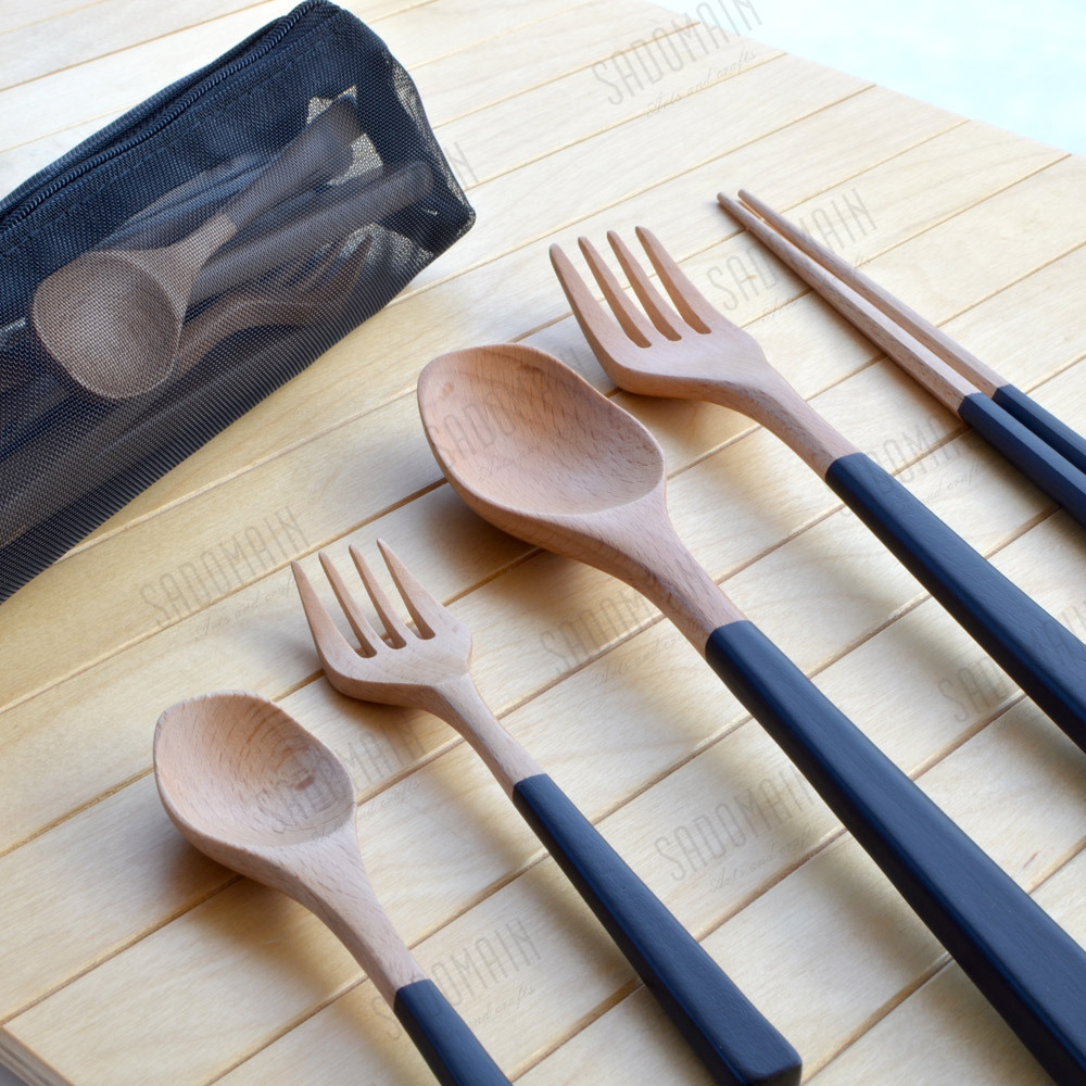 SADOMAIN仙德曼 露營原木餐具組11件組(附收納網袋) WG002