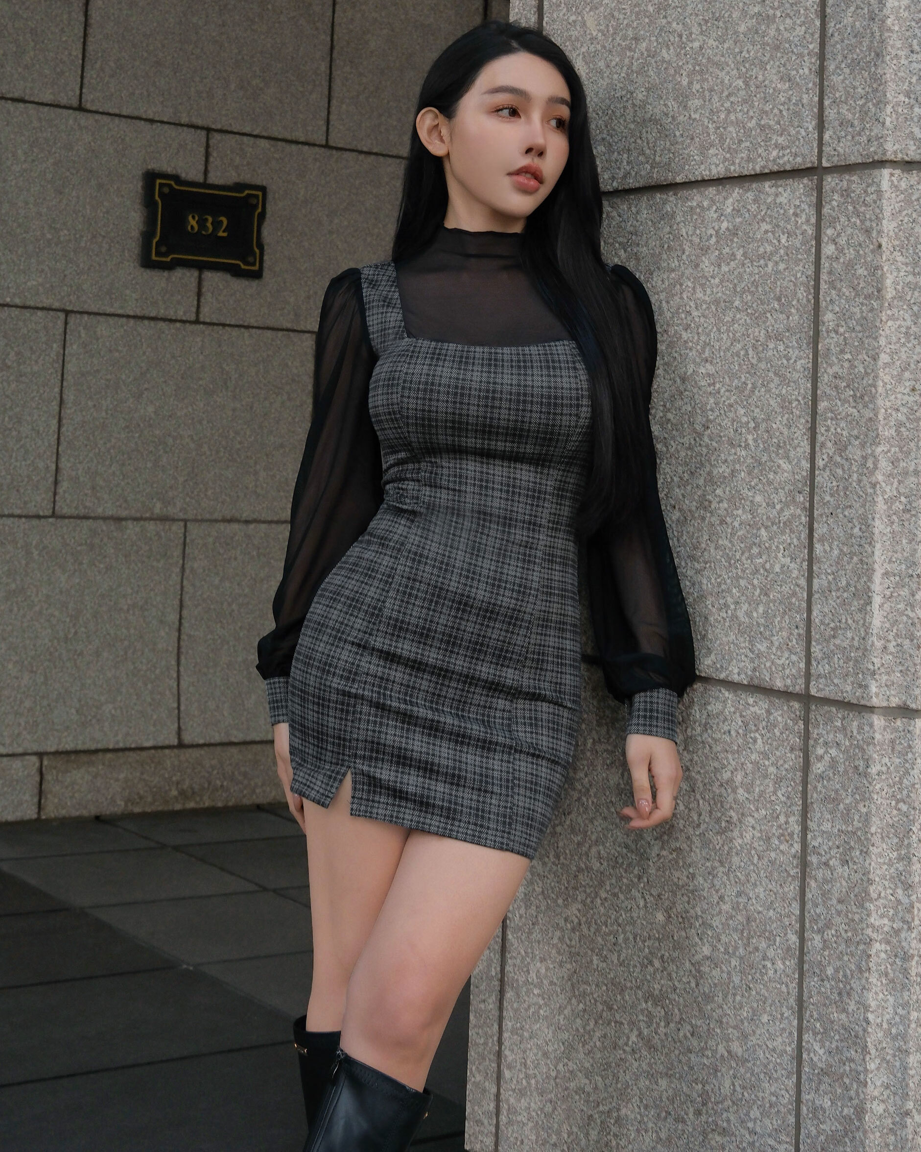 ⭒訂製-英倫格紋網紗高領合身洋