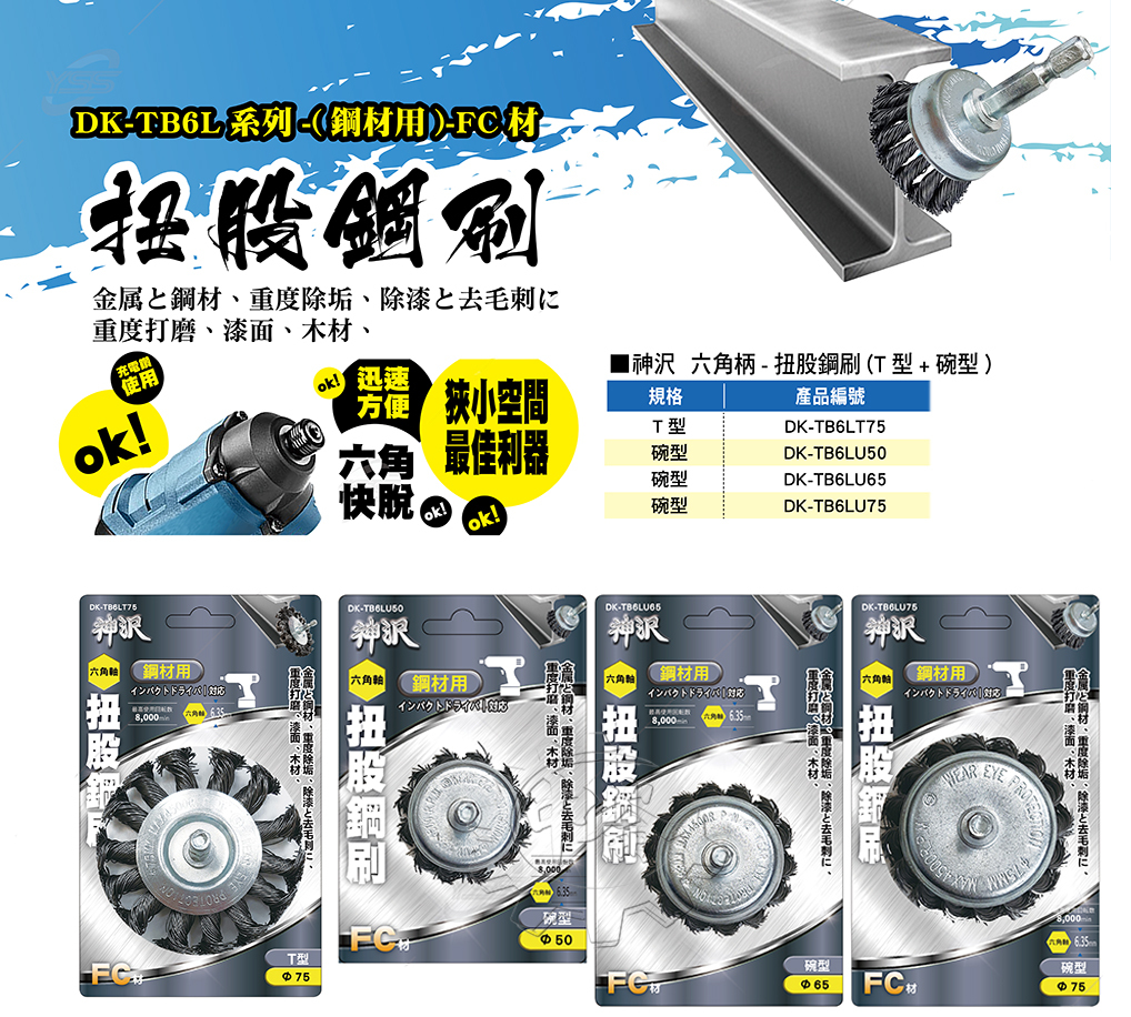 ＊中崙五金【附發票】神沢 鋼材用六角柄扭股鋼刷 T型 DK-TB6LT75 六角柄鋼刷輪 T型鋼刷